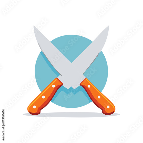Two Crossed Kitchen Knives With Orange Handles Against a Blue Circle