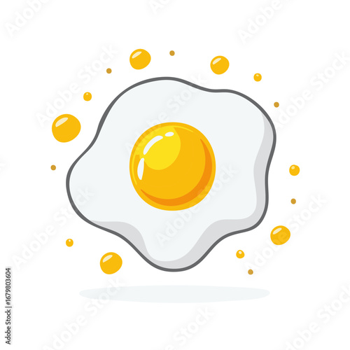 Cartoon style fried egg illustration with yellow yolk and splashing oil droplets