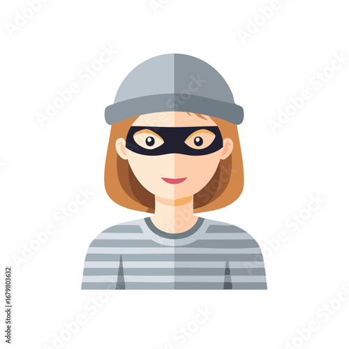 Cartoon portrait of a female thief with a mask and striped shirt