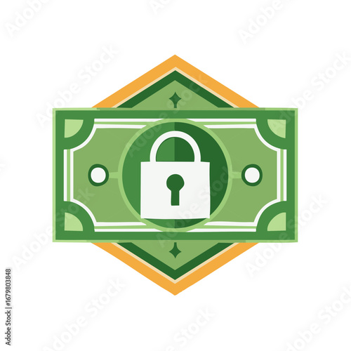 Protected money concept flat design illustration showing green banknote and security padlock