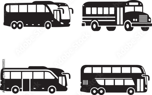 Variety of Bus Icons Transportation Vehicles School Bus Coach Double Decker Bus Modern Bus