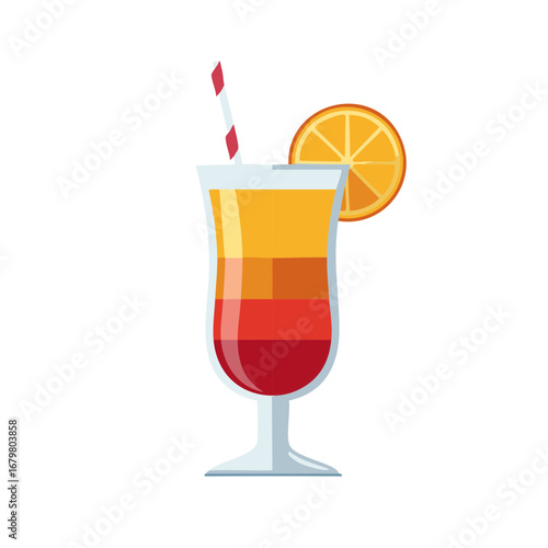 Colorful layered cocktail with orange slice and striped straw, illustration