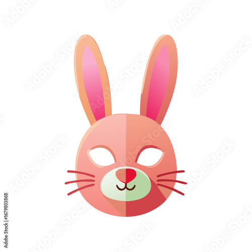 Cartoon bunny face mask in pink, ears, and whiskers for celebration or fun activities.