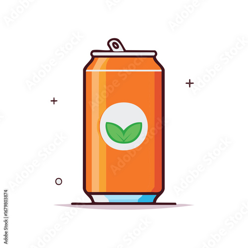 Refreshing orange soda can with green leaf logo and modern illustration style