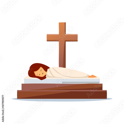 Jesus Christ sleeping peacefully in his tomb covered by a white shroud next to the wooden cross