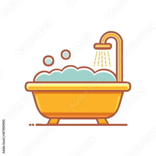Bathtub with Shower and Bubbles in a Cartoon Style