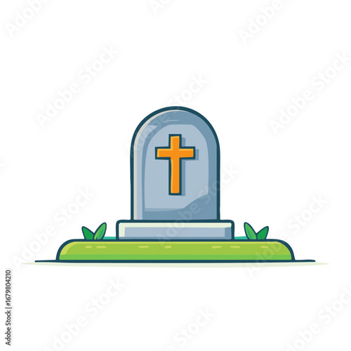 Cartoon Gravestone with a Cross on Green Grass Isolated on White Background