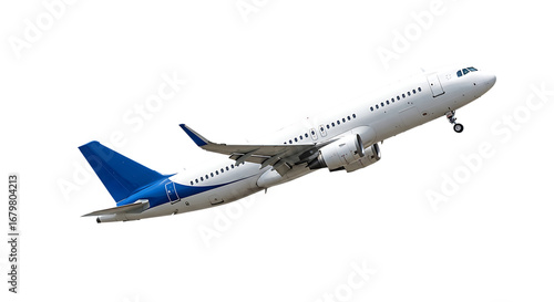 White passenger jet airplane ascending isolated on transparent background