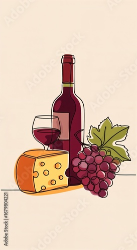 Minimalist Illustration of Red Wine, Cheese, and Grapes – Still Life Digital Artwork