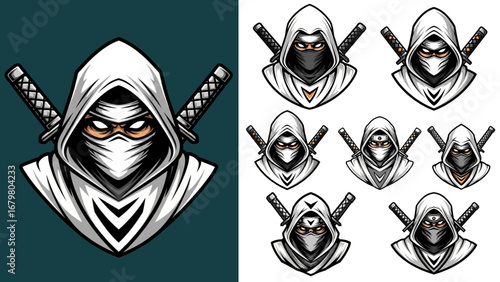White Hooded Ninja Logo Set – Symmetrical Esports Bust Icon with Katanas and V-Shield Crest