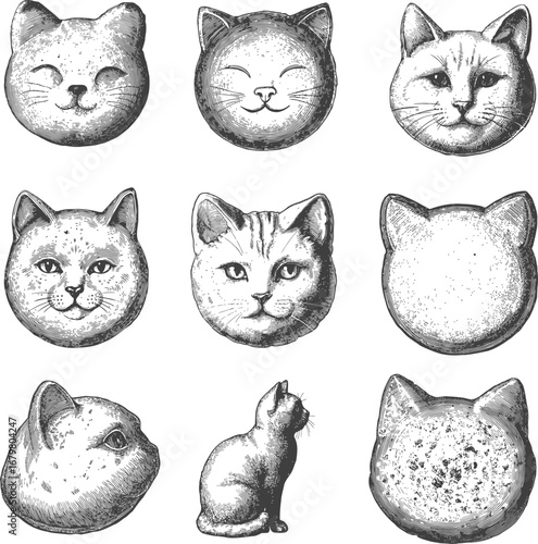 Set of whimsical baked cookie in shape of round cat's heads. Detailed pastry texture. Vector black illustration isolated on white background.