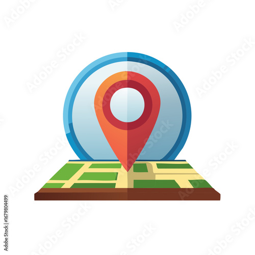 Digital map with a location pin and circular pointer on a street grid