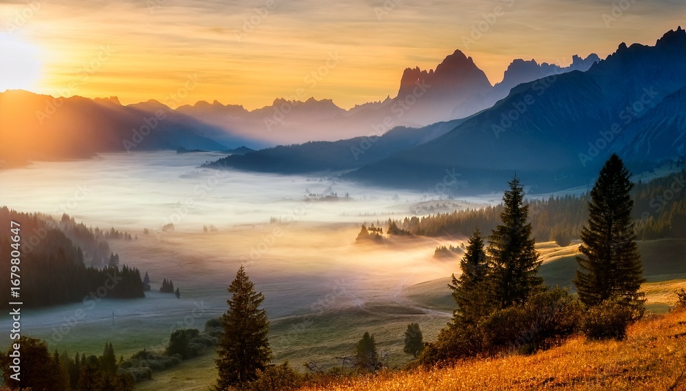 Obraz premium misty mountain valley sunrise