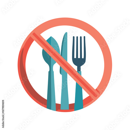Prohibition symbol over kitchen utensils indicating no eating, no food, or dietary restrictions