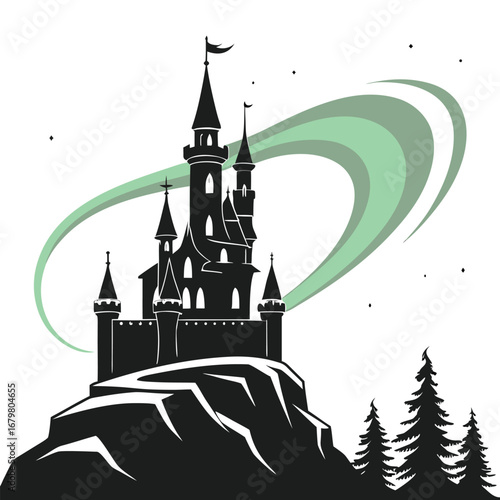 Castle towers floating with aurora lights silhouette