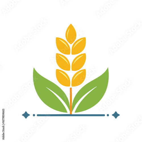 Stylized wheat ear grain icon with green leaves for agriculture or bakery logo