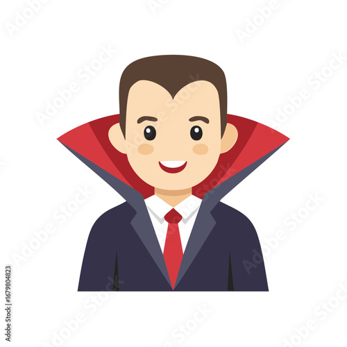 Cartoon vampire with red cape, dark suit, tie smiling for Halloween theme
