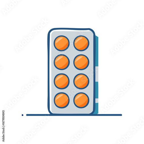 Cartoon illustration of a blister pack with orange round pills for medical and healthcare concepts