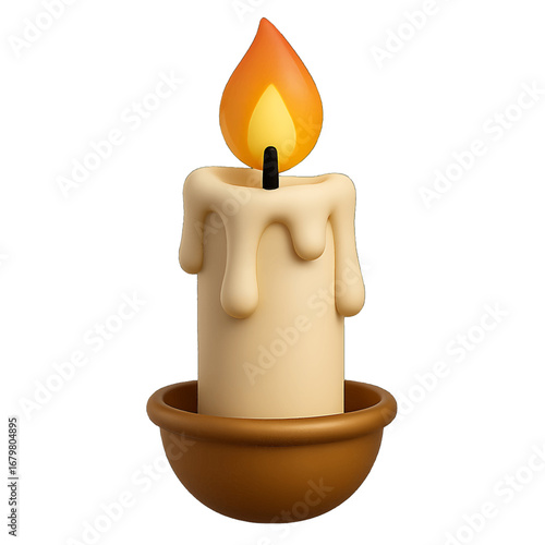 3D plastic candle icon with flickering flame and wax drippings isolated on transparent background for christmas design projects