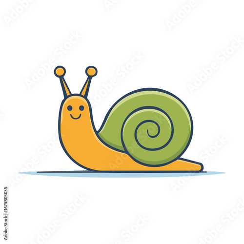 Happy cartoon snail with green shell and orange body, simple illustration, side view