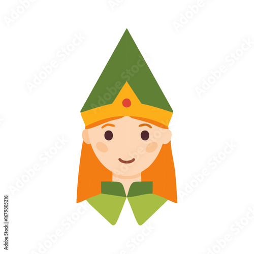Princess Headshot with Green Pointed Hat and Gold Crown. Princess Avatar Illustration