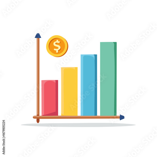 Financial graph with coin, increasing chart bars representing financial growth