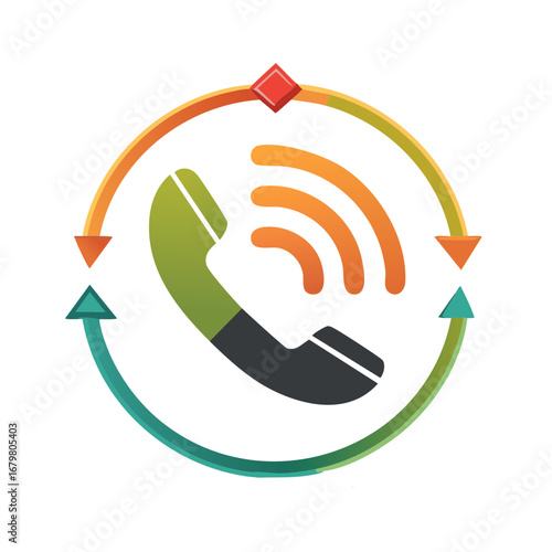 Communication cycle icon with phone handset wireless signal and looping process arrows