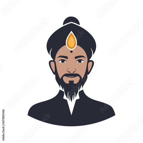Illustration of a stylized man with a beard and turban, religious or cultural figure