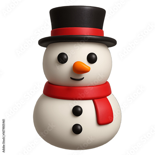 3D plastic snowman icon with carrot nose and black top hat isolated on transparent background for winter holiday design projects