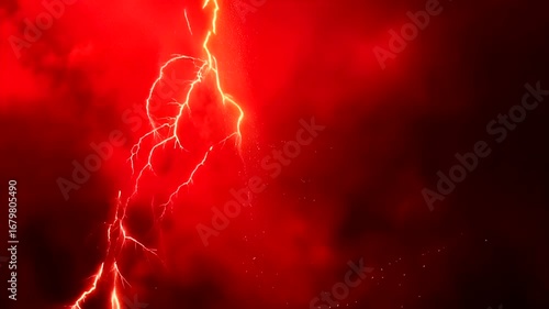 Powerful lightning strikes illuminate a fiery red sky filled with dramatic clouds.