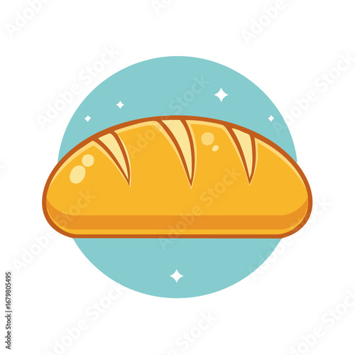 Freshly Baked Loaf Cartoon Illustration on Light Blue Circle with White Stars