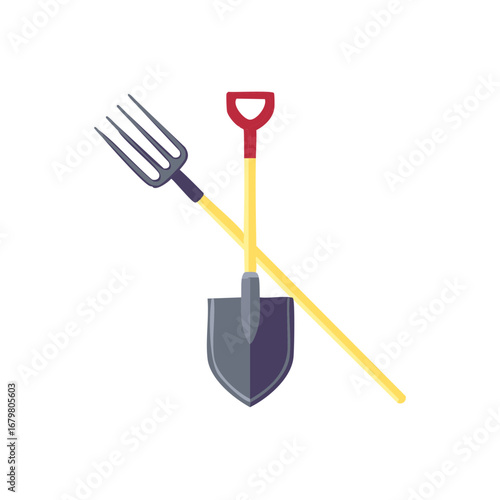 Gardening tools, a shovel and a pitchfork, crossed in a flat design