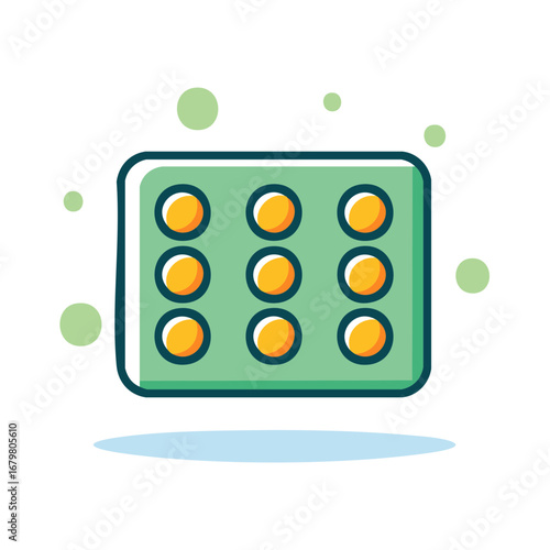 Green blister pack with nine orange round pills and green bubbles