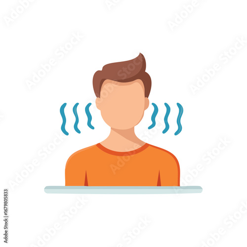 Simple character icon representing hearing, listening, and sound perception with waves near ears