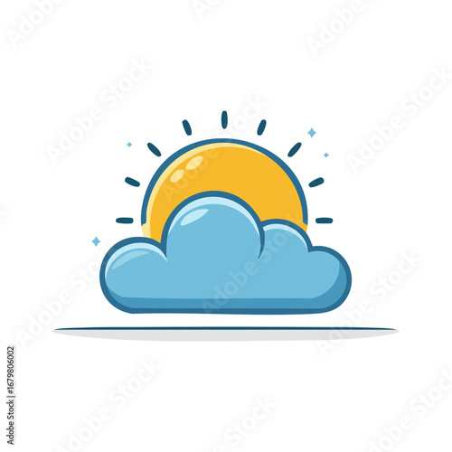 Stylized illustration of a sun partially obscured by a fluffy cloud, representing weather forecast.