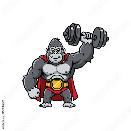 A powerful gorilla weightlifter with dumbbells, a tough and dynamic sports mascot.