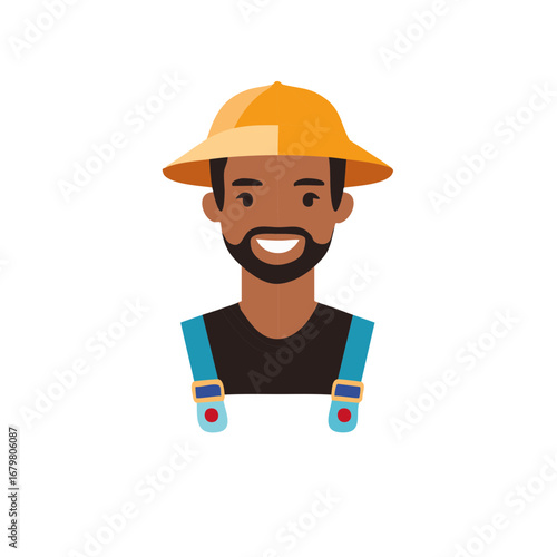 Smiling Farmer with Yellow Hat. Happy agriculture worker on white background.  Farm jobs illustration