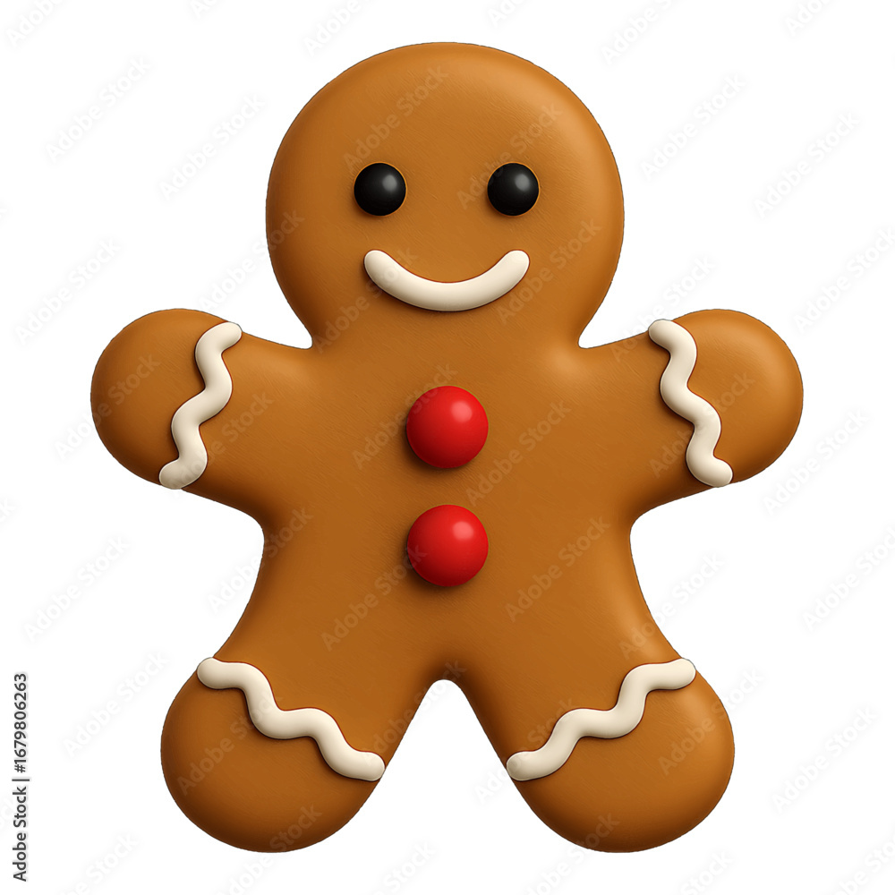Obraz premium 3D plastic gingerbread man icon with white icing details and candy buttons isolated on transparent background for holiday design projects