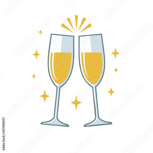 Two champagne glasses clinking together with sparkling stars and celebratory burst