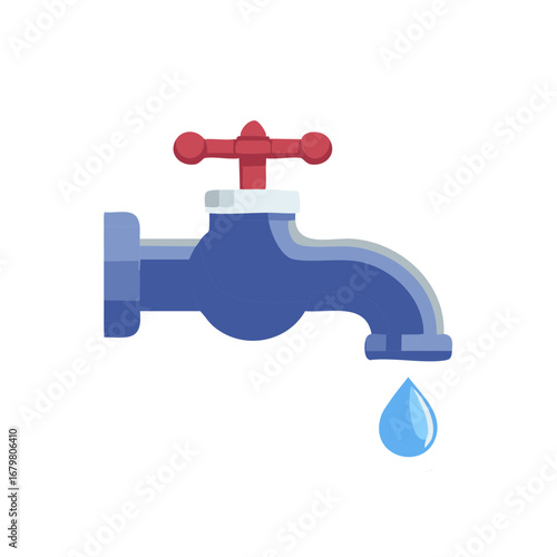 Cartoon Water Faucet with Dripping Drop Blue Color Red Handle Flat Illustration