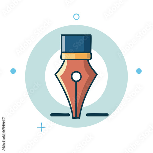 Elegant fountain pen nib illustration within a light blue circle representing creativity and classic writing tools