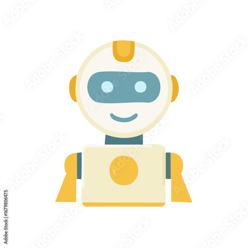 Cartoon robot illustration with a smiling face in flat design style