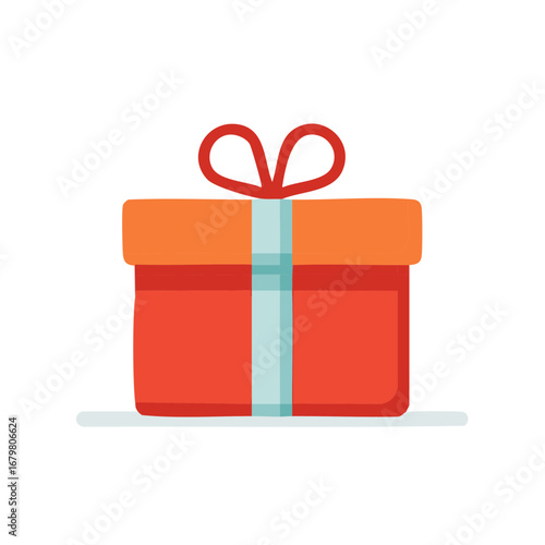 Festive red present gift box with orange lid and blue ribbon bow isolated