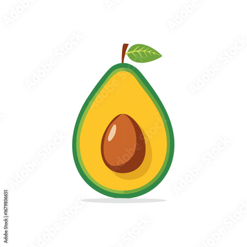 Simple illustration of a halved avocado with a leaf and stem