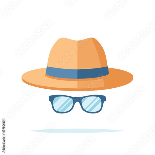 Cartoon Vector Illustration of Panama Hat and Glasses, Minimalist Style, Isolated Icon, Summer Accessory