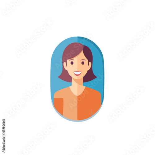 Smiling woman illustration inside a blue oval shape portrait, front view.