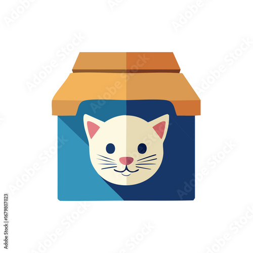 Cat face inside a cartoon house, blue, orange, vector illustration