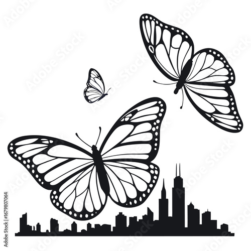 Butterfly wings glowing in glowing city silhouette
