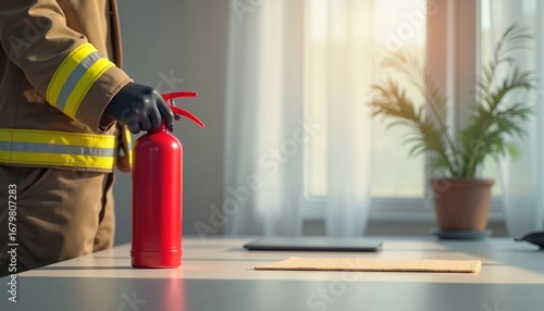 Firefighter holding red fire extinguisher in modern office setting  