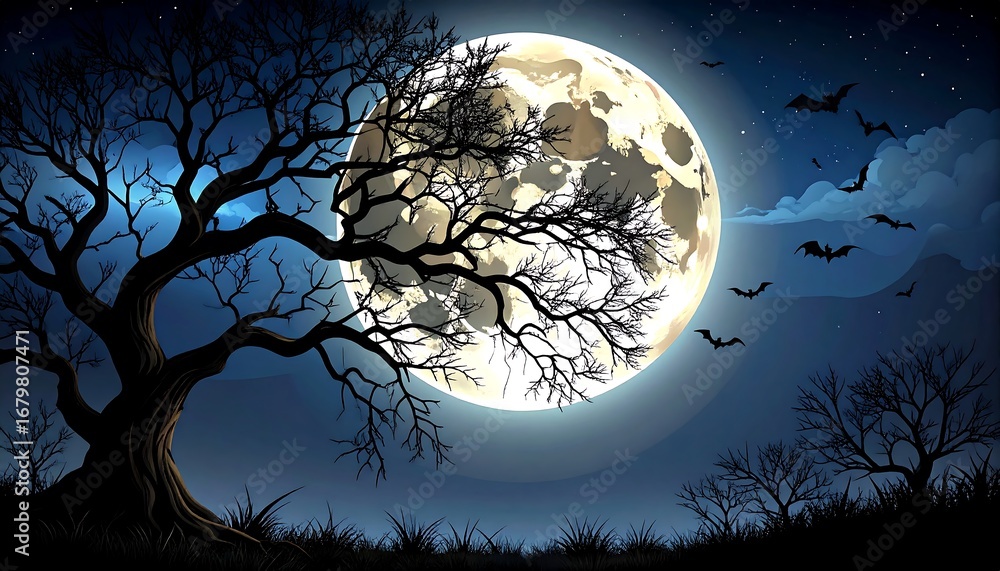 Naklejka premium A spooky night scene with a full moon